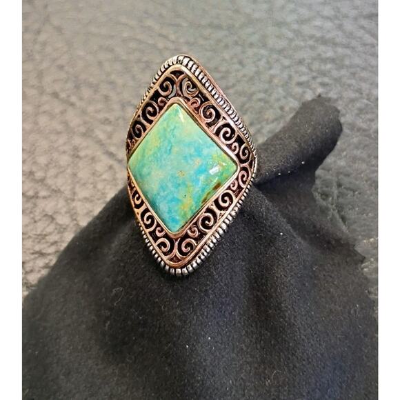 Barse Jewelry - Barse Ring Size 7 Sterling Silver 925 Bronze Tone Turquoise Diamond Shape 1.3"L